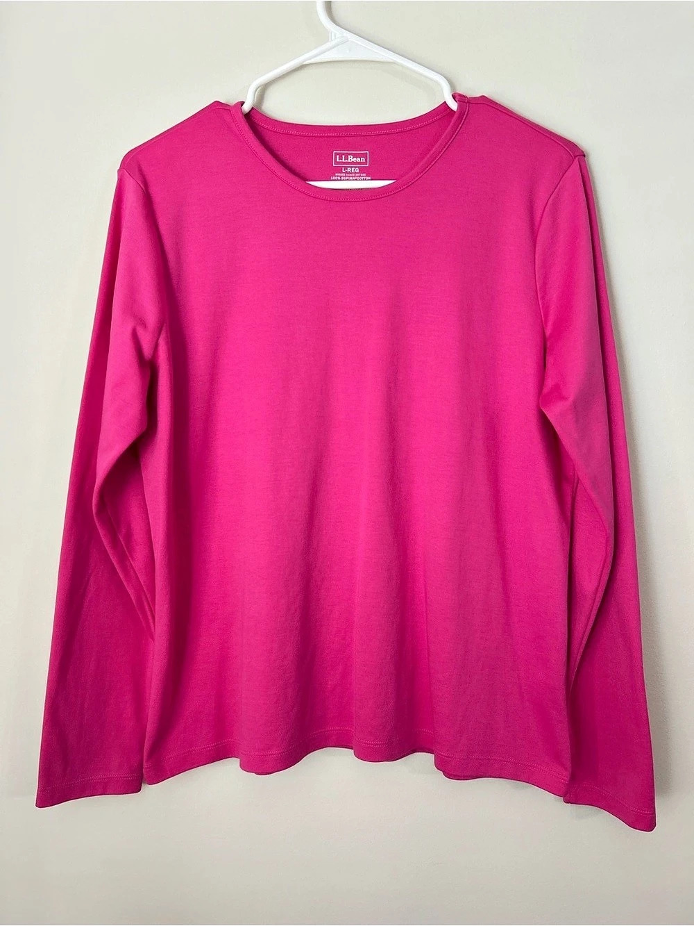 L.L.Bean T-Shirt Womens L Pink Solid Long Sleeve Scoop Neck Supima Cotton Top